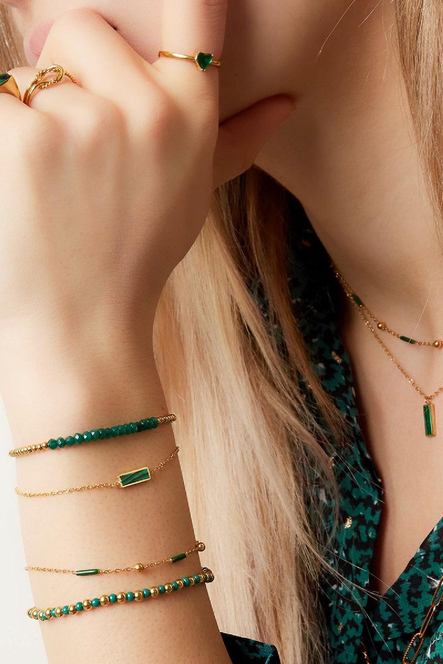 Armband groene staaf marmer Goud kleur Stainless Steel Afbeelding2